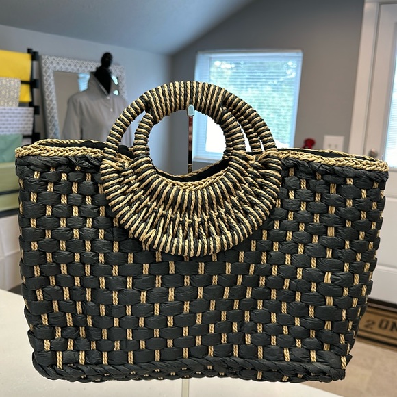 NOWT! Hand woven straw, clutch bag handbag circular handles summer beach tote - Picture 1 of 5